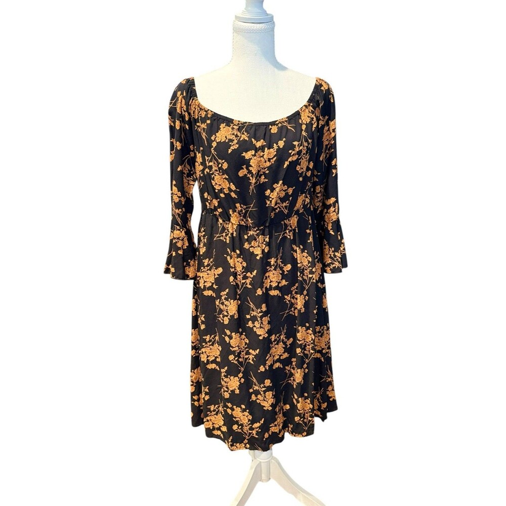 Floral Peasant Dress Black Women’s  L Bell Sleeve  Boho Cottagecore Whimsygoth
